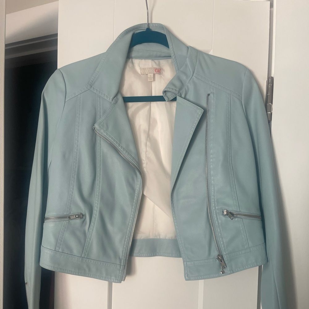 Blue vegan leather jacket